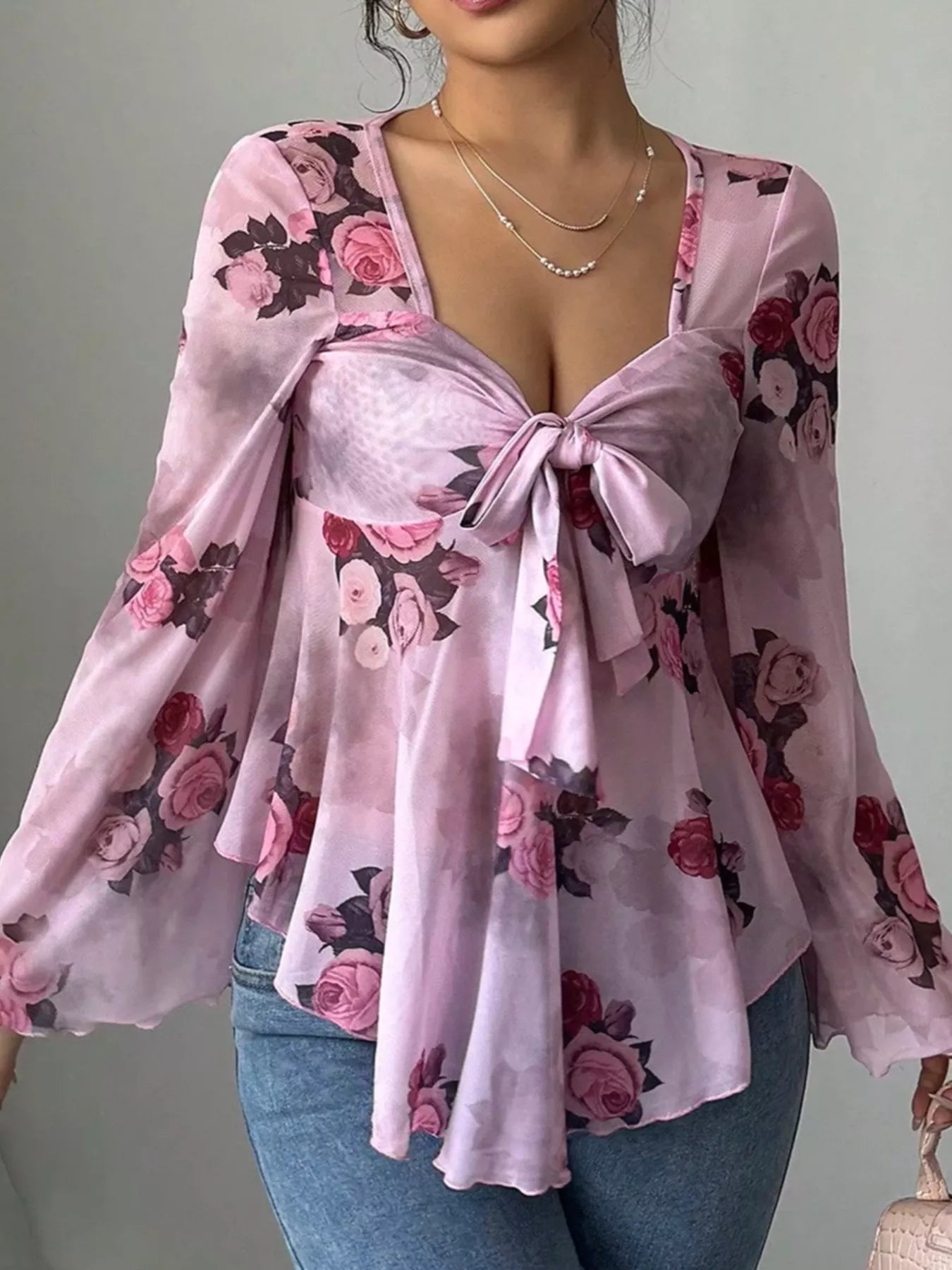 Floral Print Tie Front Flare Sleeve Blouse OutfitFlow