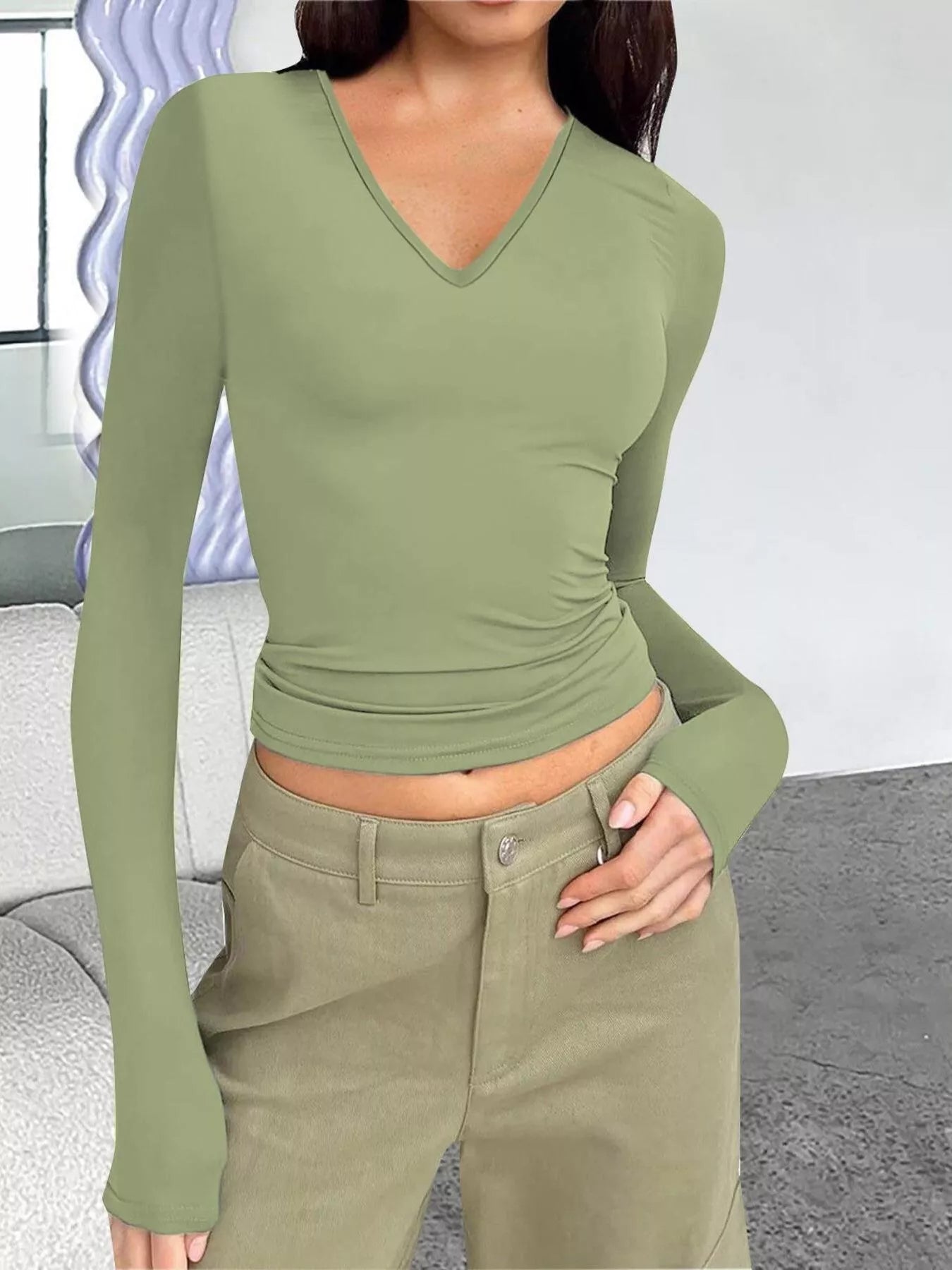 Full Size Slim Fit V-Neck Long Sleeve T-Shirt Plus Size Light Green Trendsi