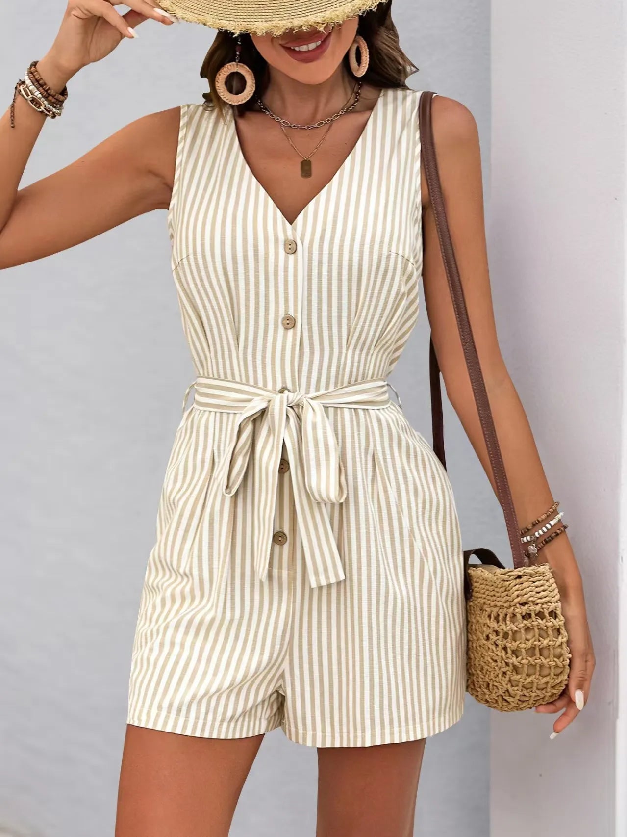 Striped V-neck Button Front Belted Romper OutfitFlow