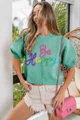 BiBi Metallic Letter Short Puff Sleeve Hairy Sweater JADE OutfitFlow