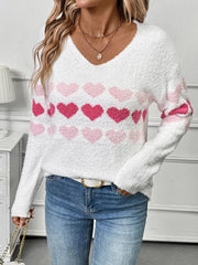 Heart Pattern V-Neck Sweater OutfitFlow