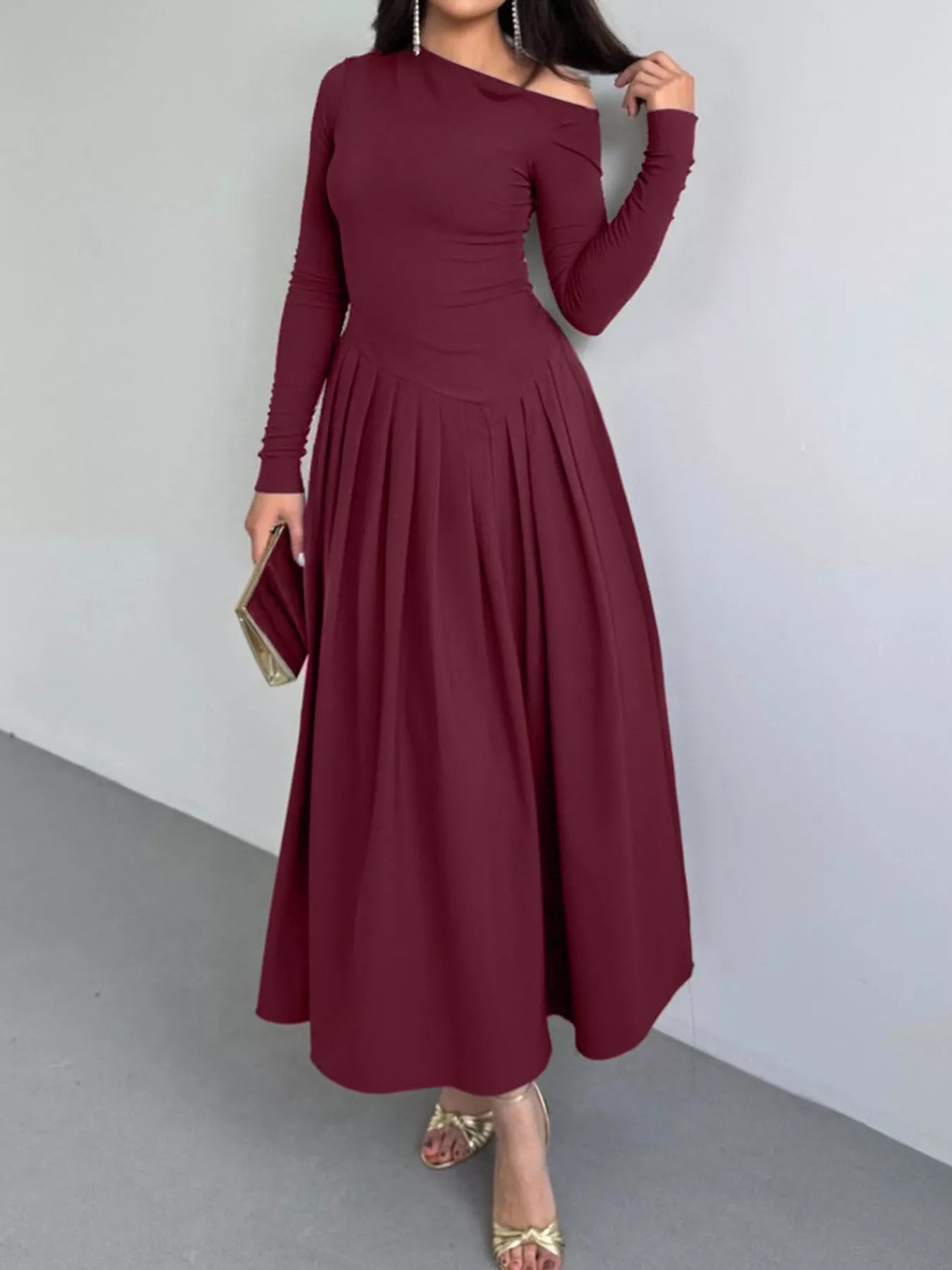 Ruched One Shoulder Long Sleeve Dress OutfitFlow
