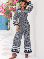 Outfit Flow - Printed Long Sleeve Wide Leg Jumpsuit