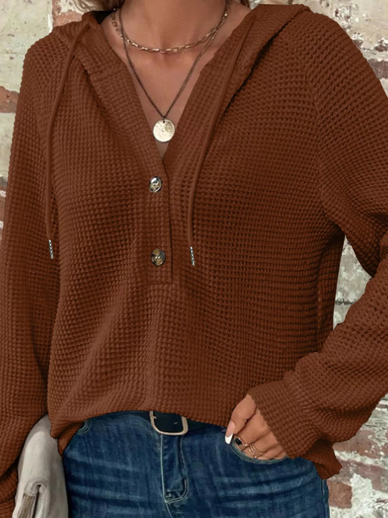 Casual Waffle Knit Button Detail Hoodie OutfitFlow