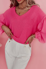 Outfit Flow - Waffle-Knit V-Neck Long Sleeve Blouse