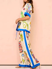 Printed Button Up Shirt and Pants Set OutfitFlow