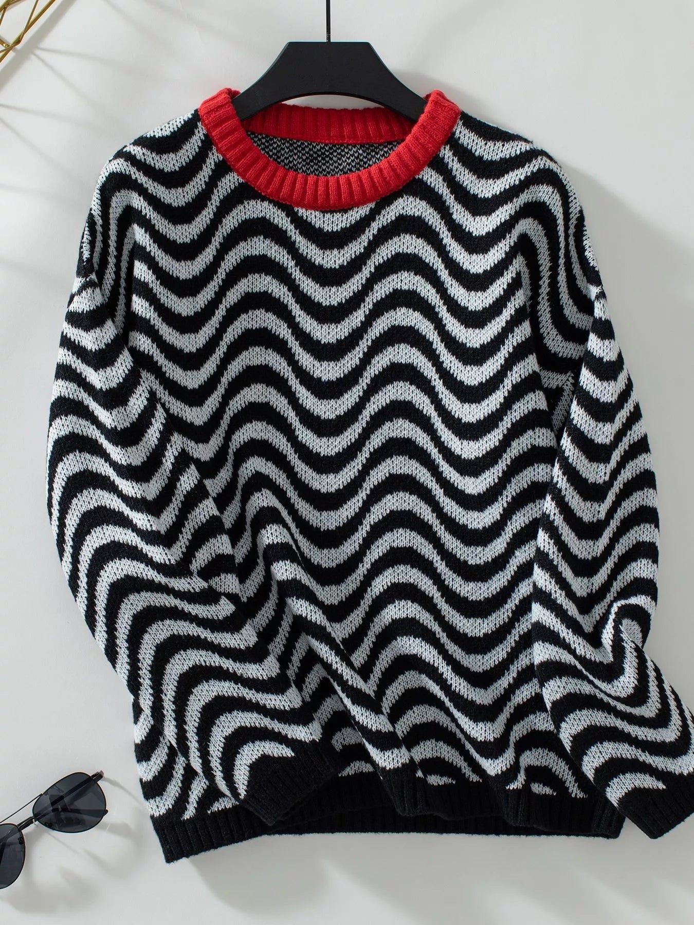 Wavy Striped Round Neck Sweater Trendsi