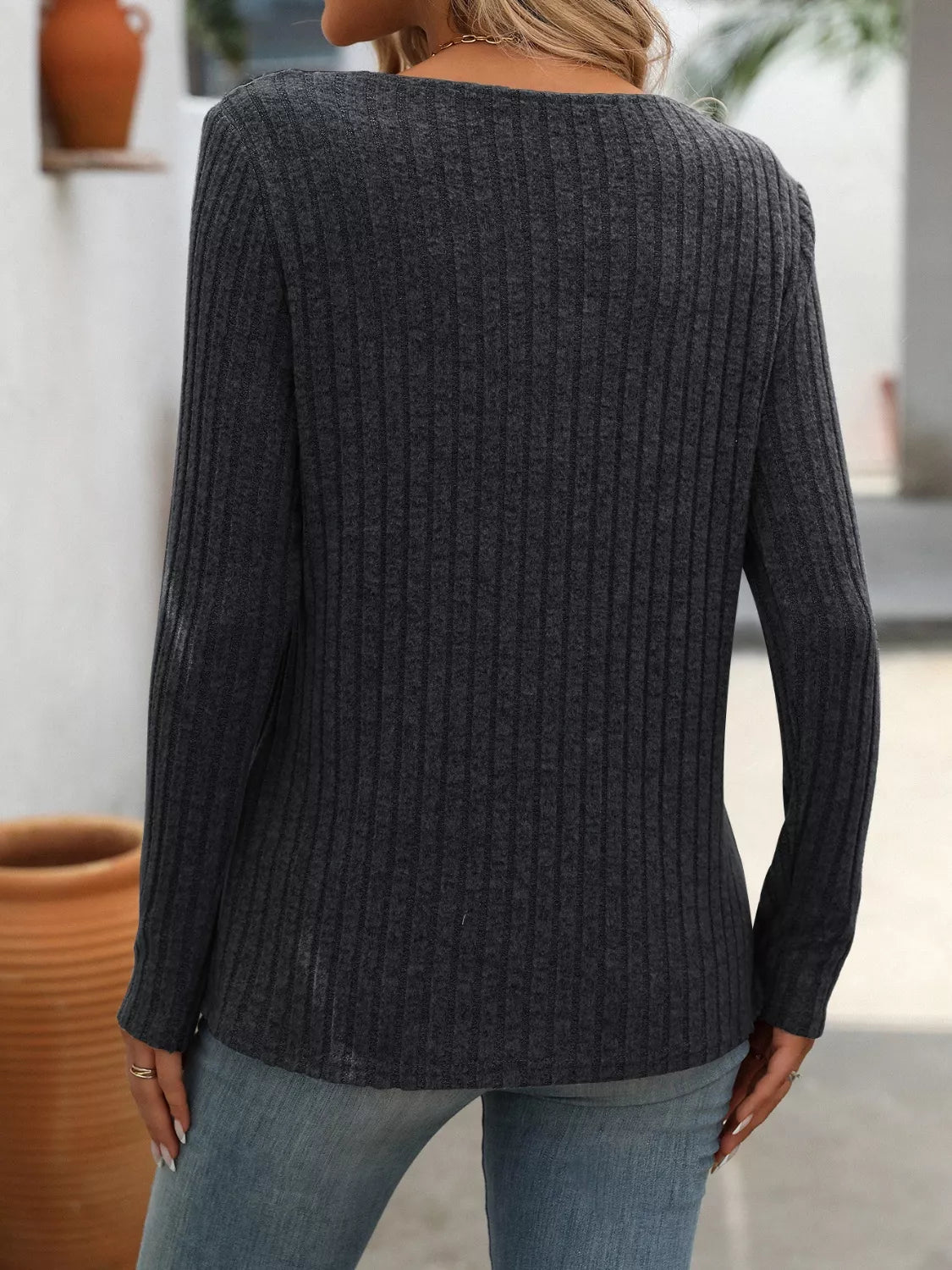 Ribbed Knit Long Sleeve Button Detail T-Shirt OutfitFlow