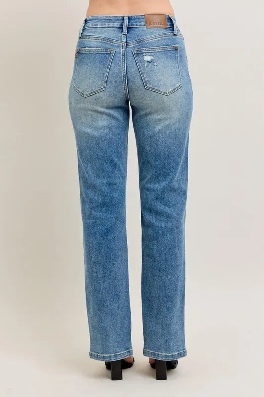 Judy Blue Full Size High Waist Vintage Wash Front Seam & Slit Straight Plus Size OutfitFlow