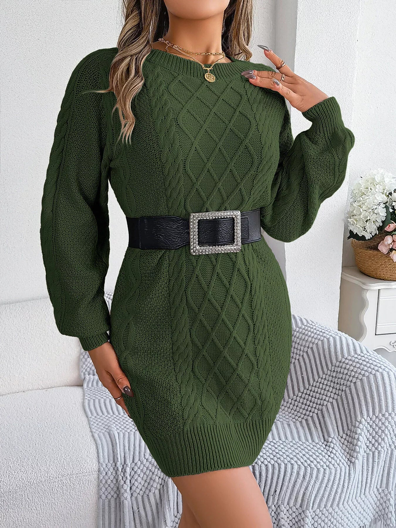 Diamond Cable Knit Sweater Dress with Long Sleeves OutfitFlow