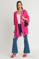 Umgee Full Size Floral Lace Open Front Kimono Sleevee Cover Up with Waist Tie Plus Size OutfitFlow