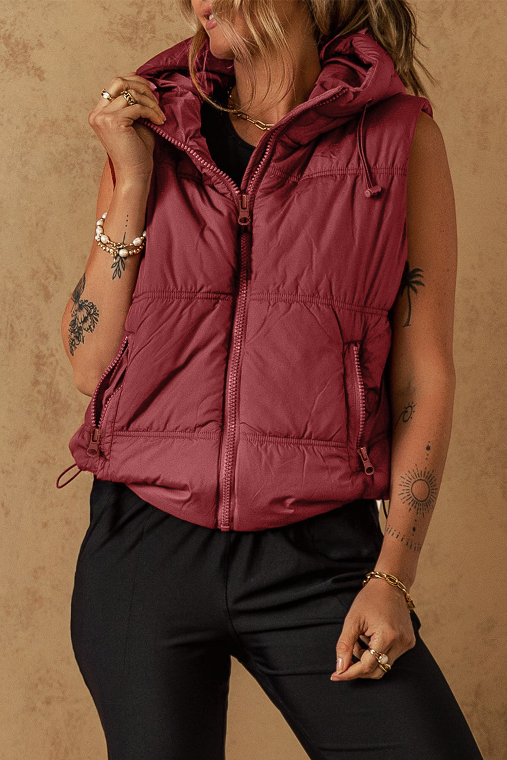 Outfit Flow - Drawstring Zip Up Hooded Vest Coat