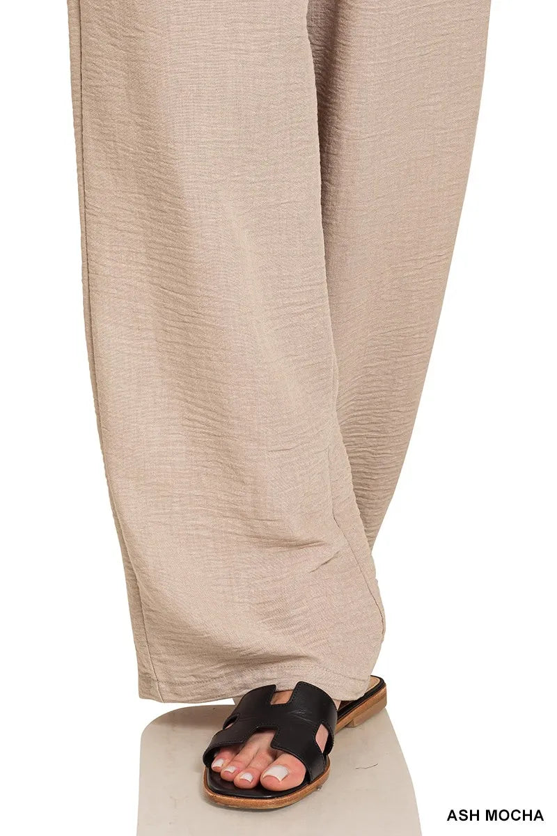 Zenana Woven Crepe Elastic Band Pants Trendsi