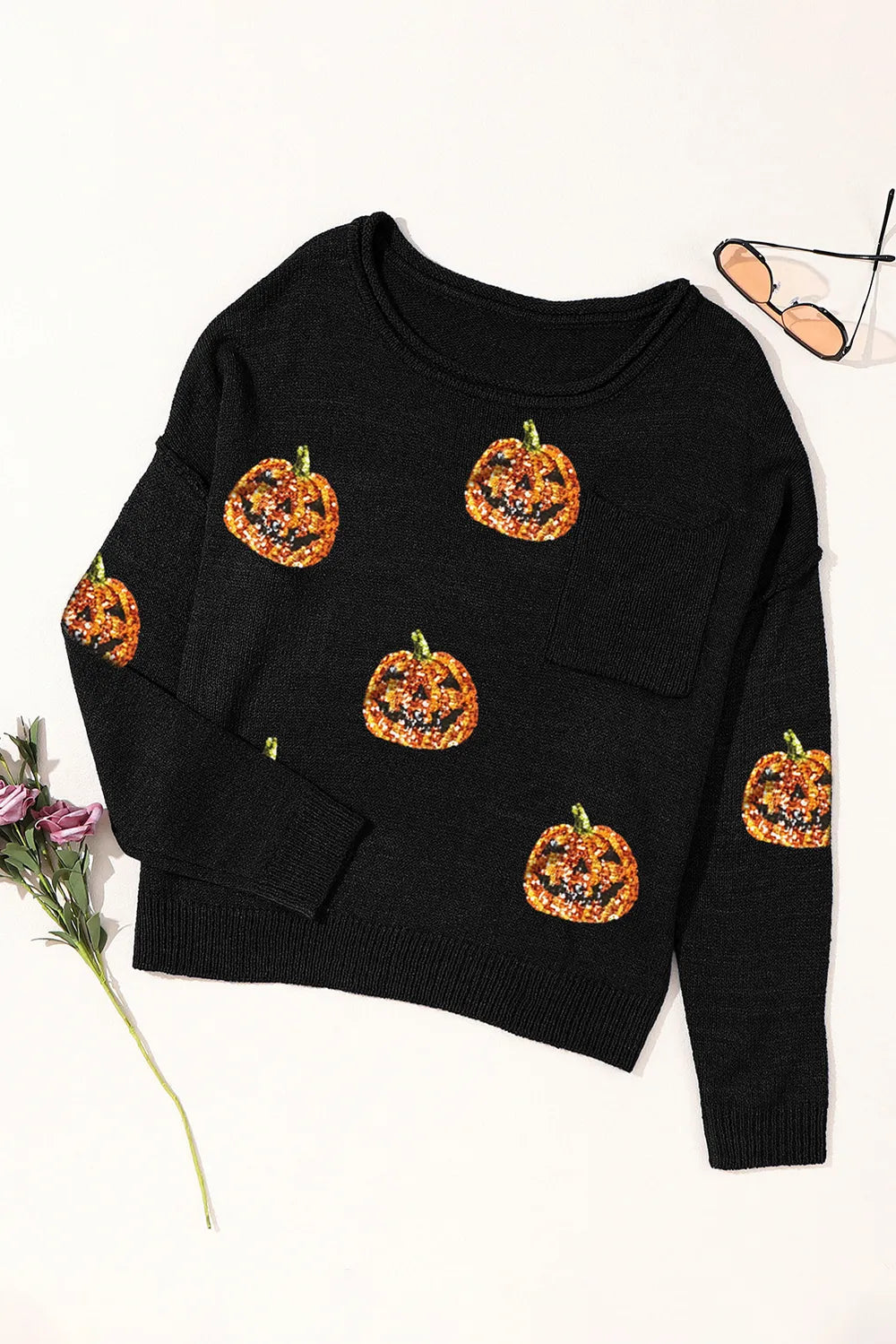 Pumpkin Round Neck Long Sleeve Knit Top OutfitFlow