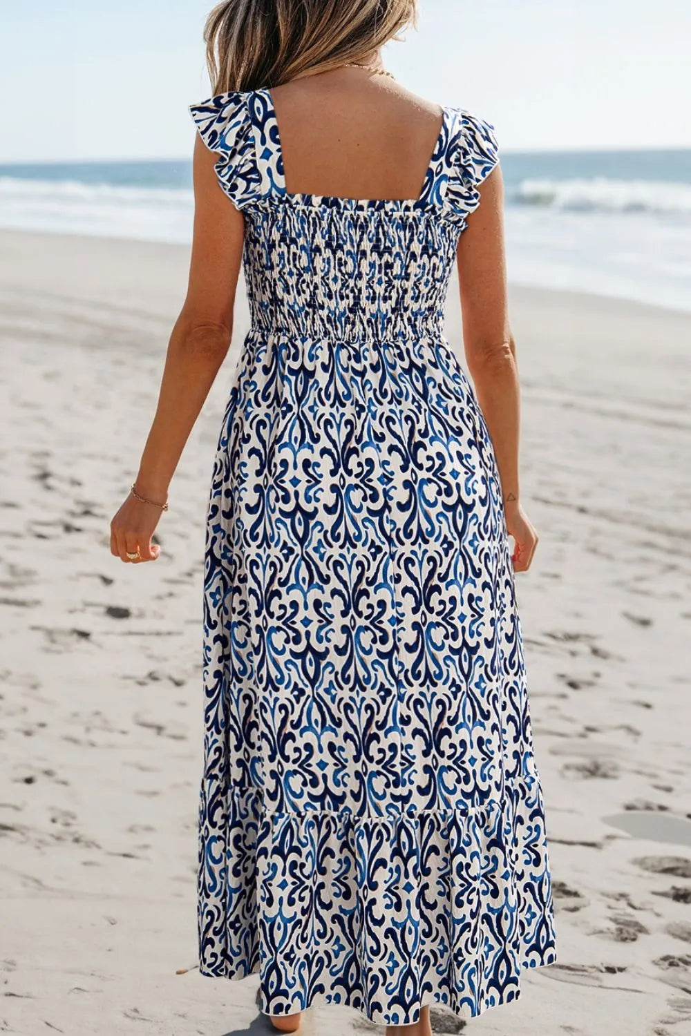Smocked Printed Square Neck Dress OutfitFlow