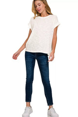 Zenana Hacci Slub Rolled Up Sleeve Tee Trendsi