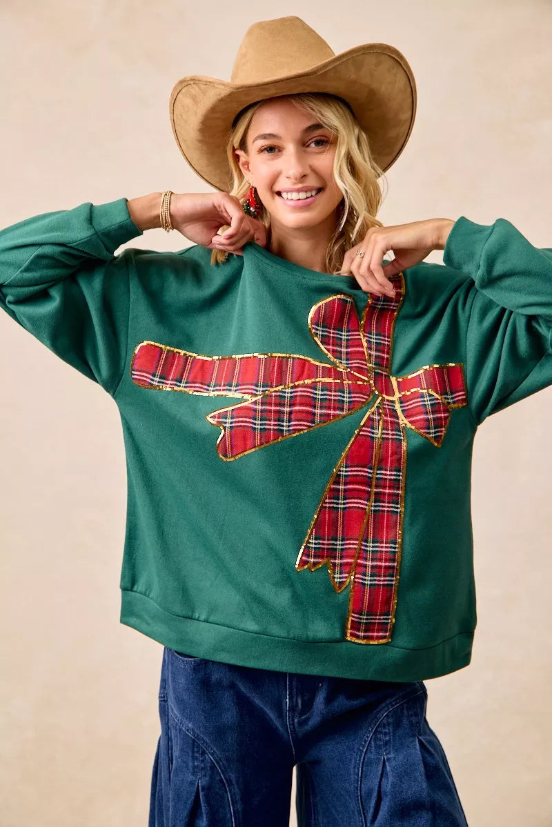 BiBi Plaid Ribbon Bow Detail Christmas Fleece Pullover OutfitFlow