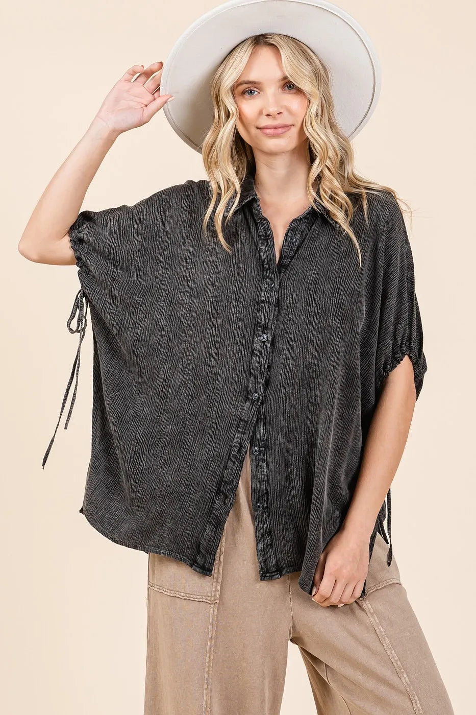 Mittoshop Mineral Wash Loose Fit Button Down Shirt WASHED BLACK OutfitFlow