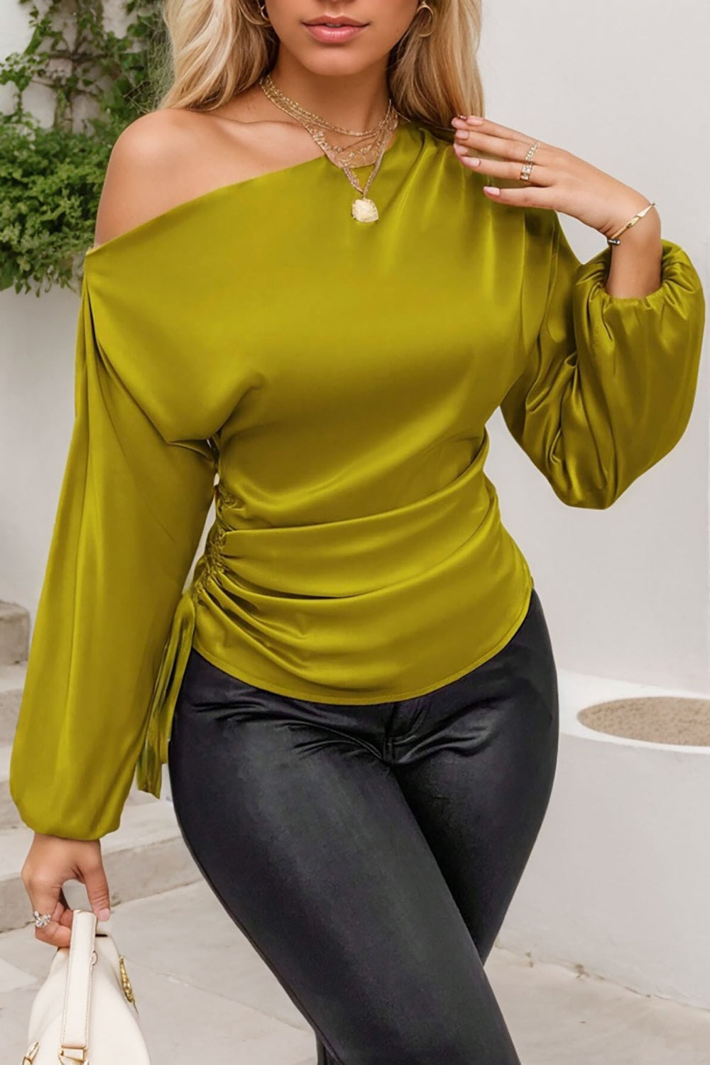 Drawstring One Shoulder Long Sleeve Blouse OutfitFlow