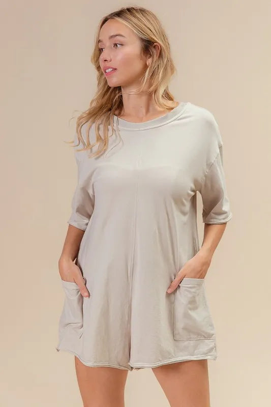 BiBi Short Sleeve Back Open Washed Romper OutfitFlow