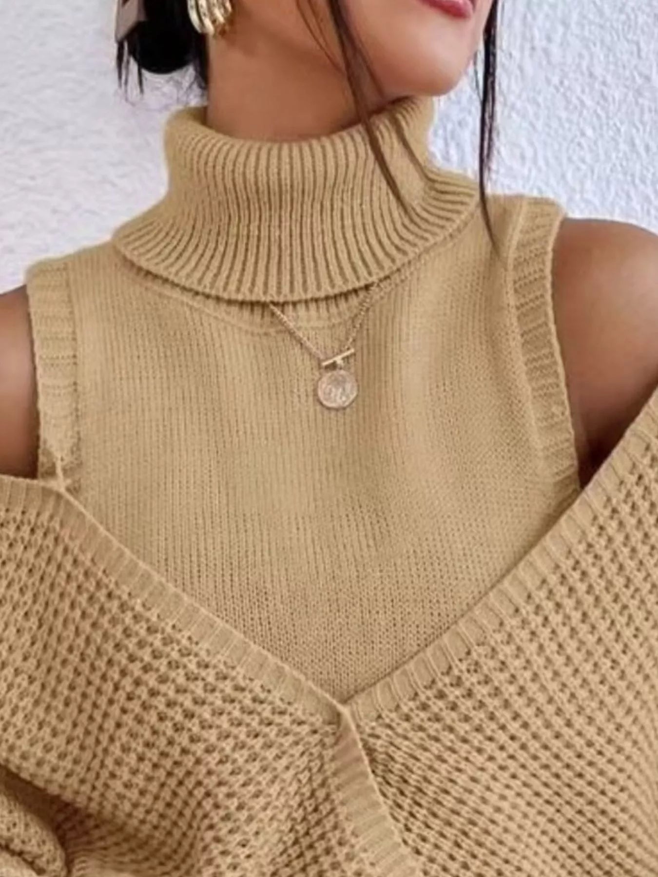 Waffle Knit Cold Shoulder Turtleneck Sweater OutfitFlow