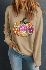 Pumpkin & Flower Graphic Long Sleeve Sweatshirt OutfitFlow