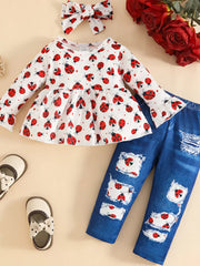 Children's Ladybug Print Ruffle Hem Top & Jeans Set with Headband Red Trendsi