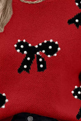 Round Neck Bow Pattern Pearl-Embellished Sweater OutfitFlow