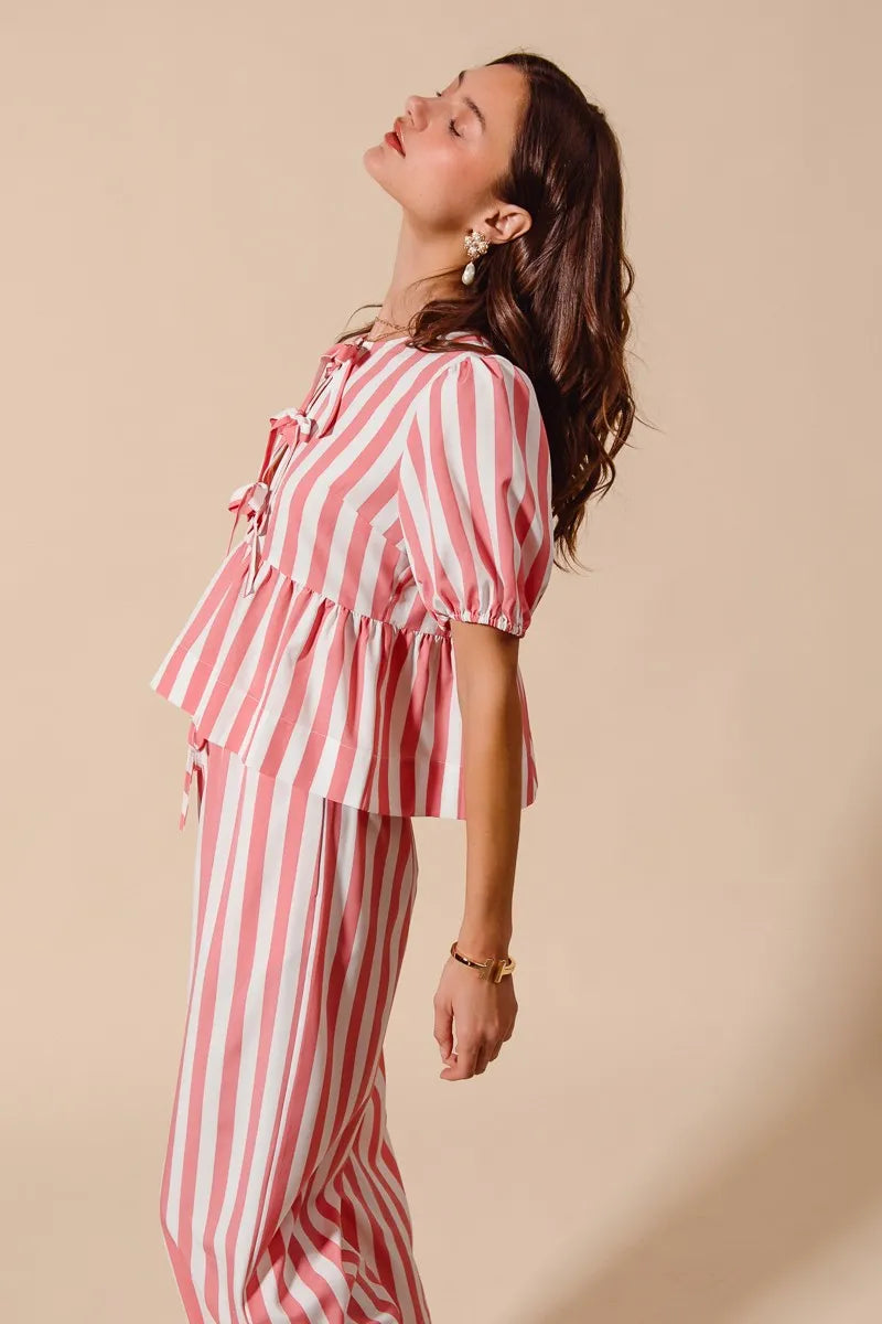 SO ME Front Tie Stripe Top With Puff Sleeves and Wide Leg Pants Set OutfitFlow