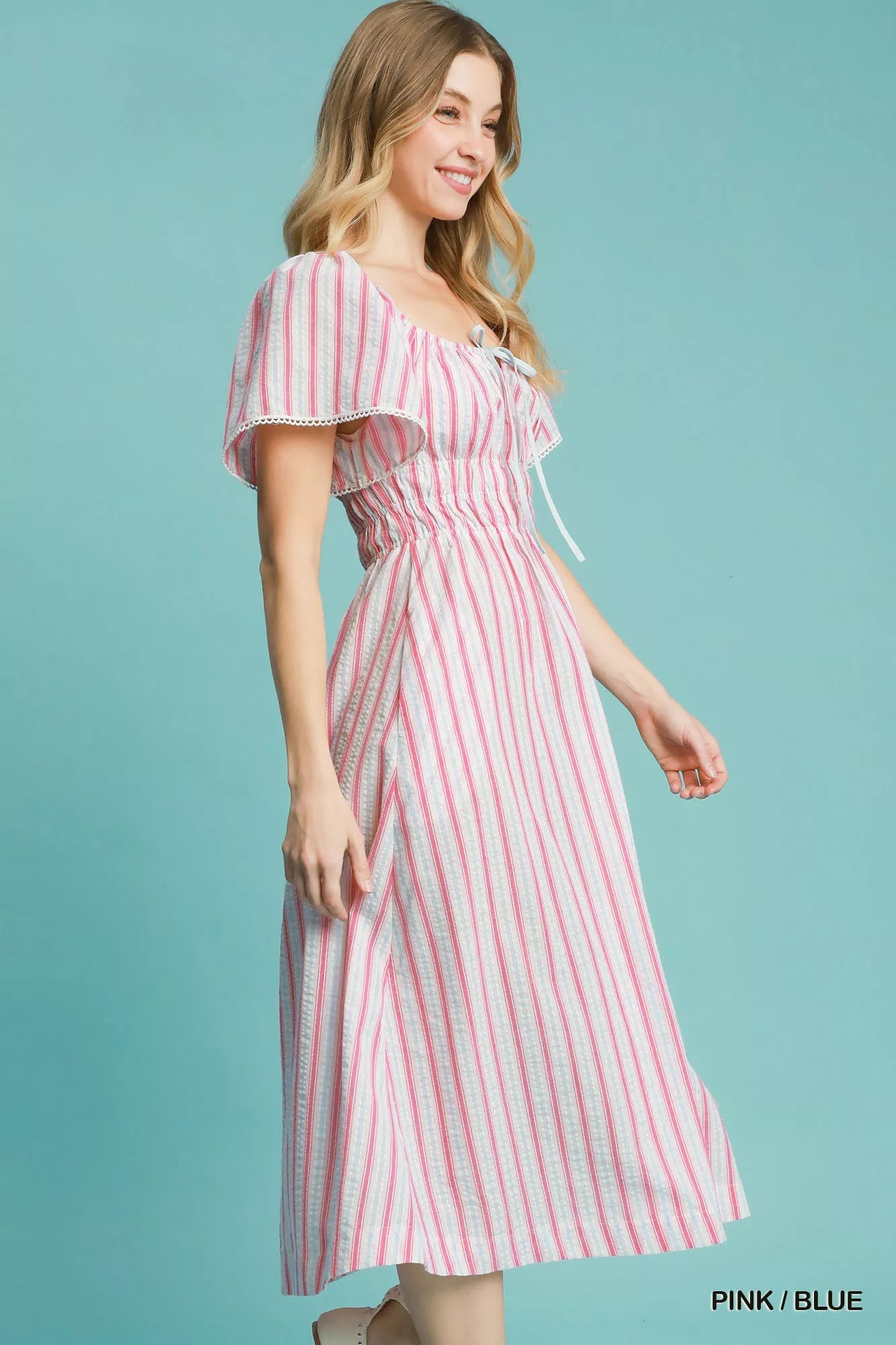 Umgee Smocked Striped Short Sleeve Midi Dress Trendsi