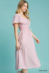 Umgee Smocked Striped Short Sleeve Midi Dress Trendsi