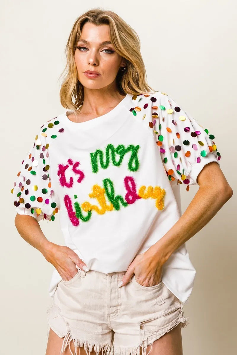 BiBi Metallic Letter Spangle Raglan Puff Sleeve Top OutfitFlow