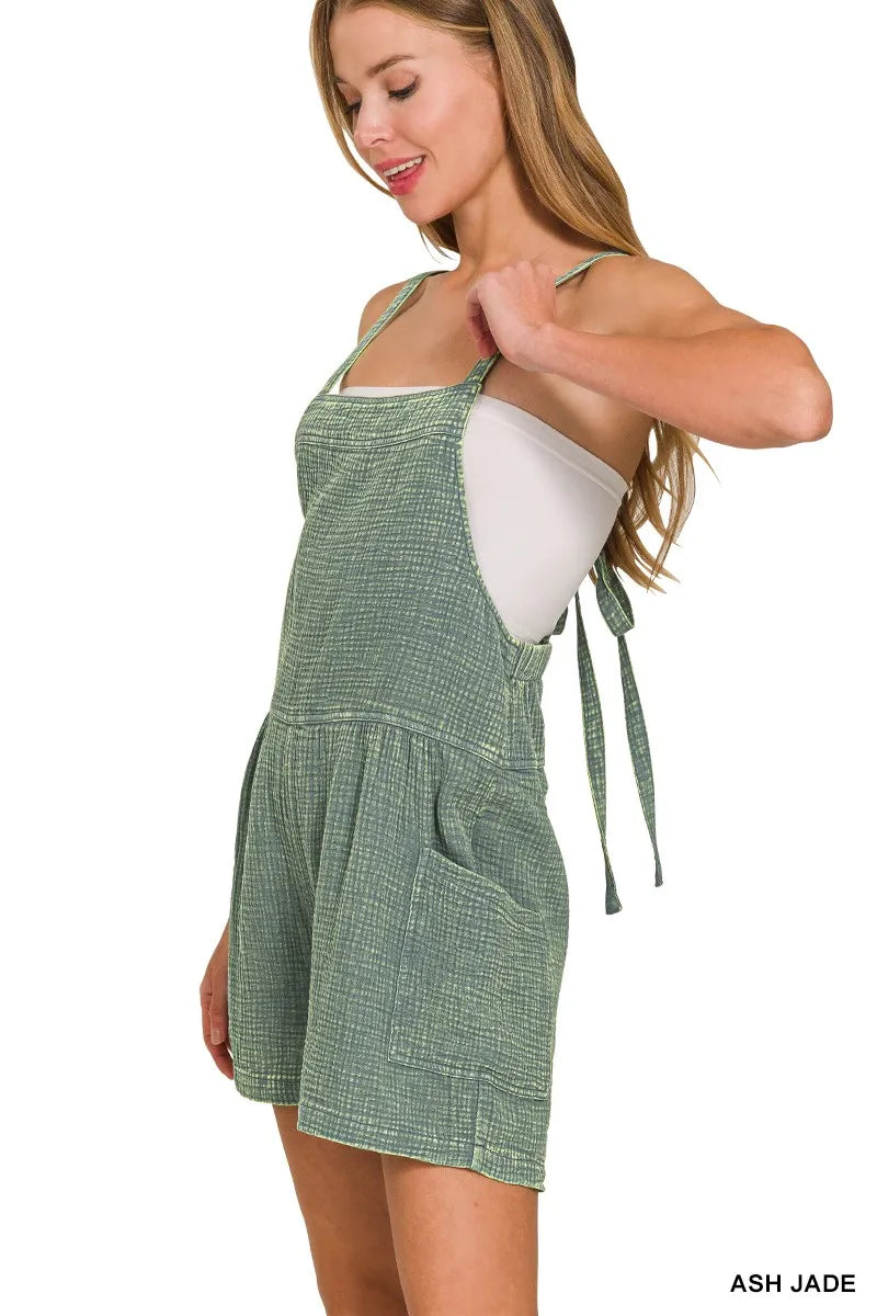 Zenana Washed Double Gauze Tie Back Rompers OutfitFlow