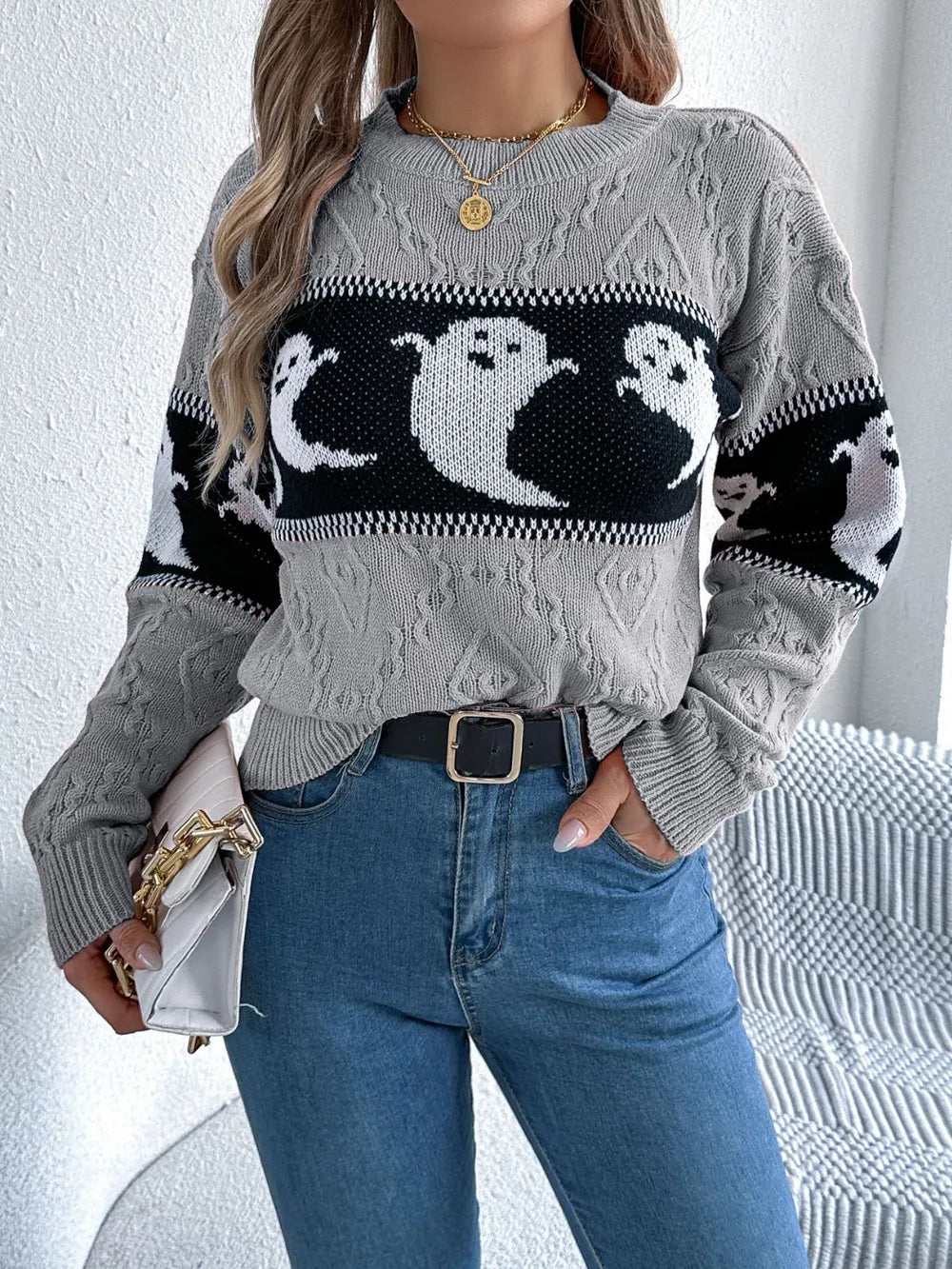 Ghost Round Neck Long Sleeve Sweater Gray OutfitFlow