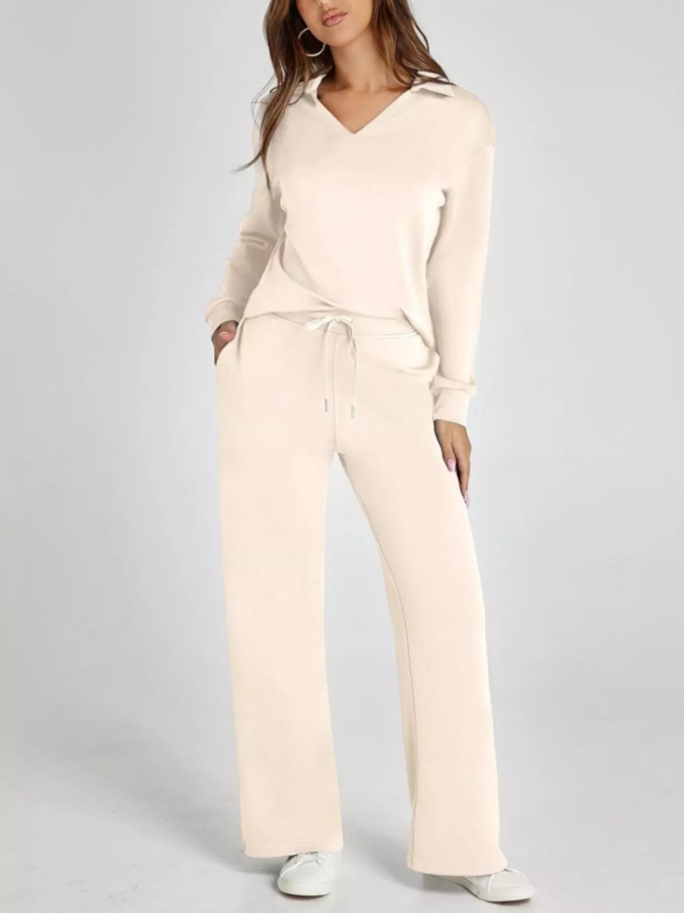 Full Size Johnny Collar Long Sleeve Top and Pants Plus Size Apricot OutfitFlow