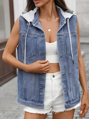 Button Up Removable Hooded Sleeveless Denim Jacket Dusty Blue OutfitFlow
