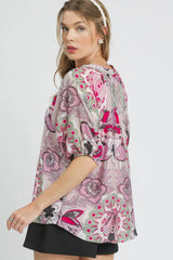 Umgee Floral Print Half Sleeve Blouse OutfitFlow