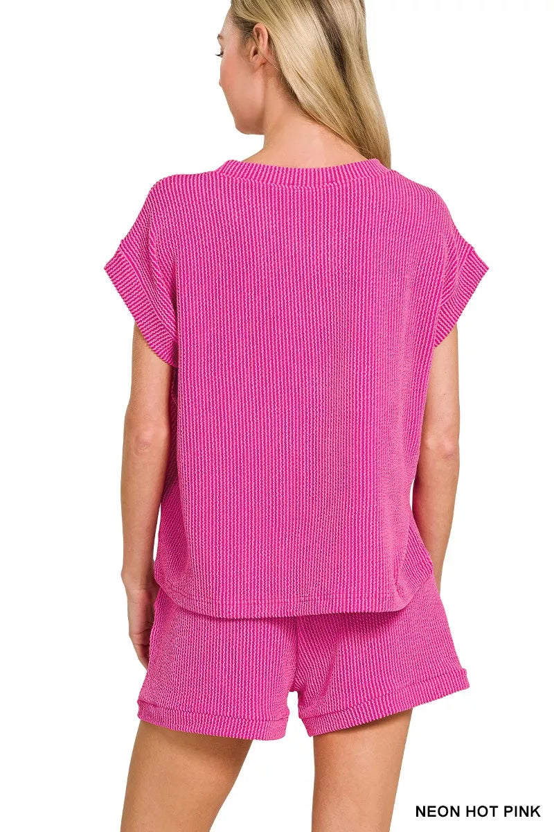 Zenana Raised Rib Cap Sleeve Top & Shorts Set OutfitFlow
