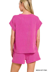 Zenana Raised Rib Cap Sleeve Top & Shorts Set OutfitFlow