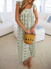 Printed Tie Shoulder Square Neck Midi Dress OutfitFlow