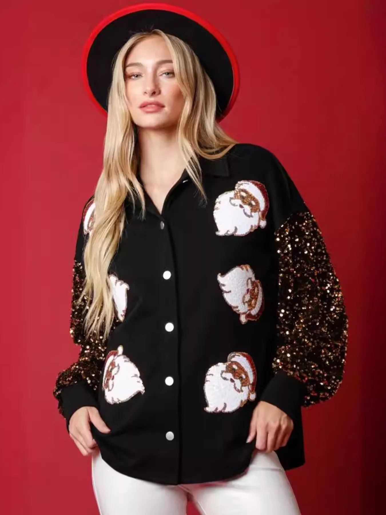 Christmas Santa Sequin Long Sleeve Shirt OutfitFlow
