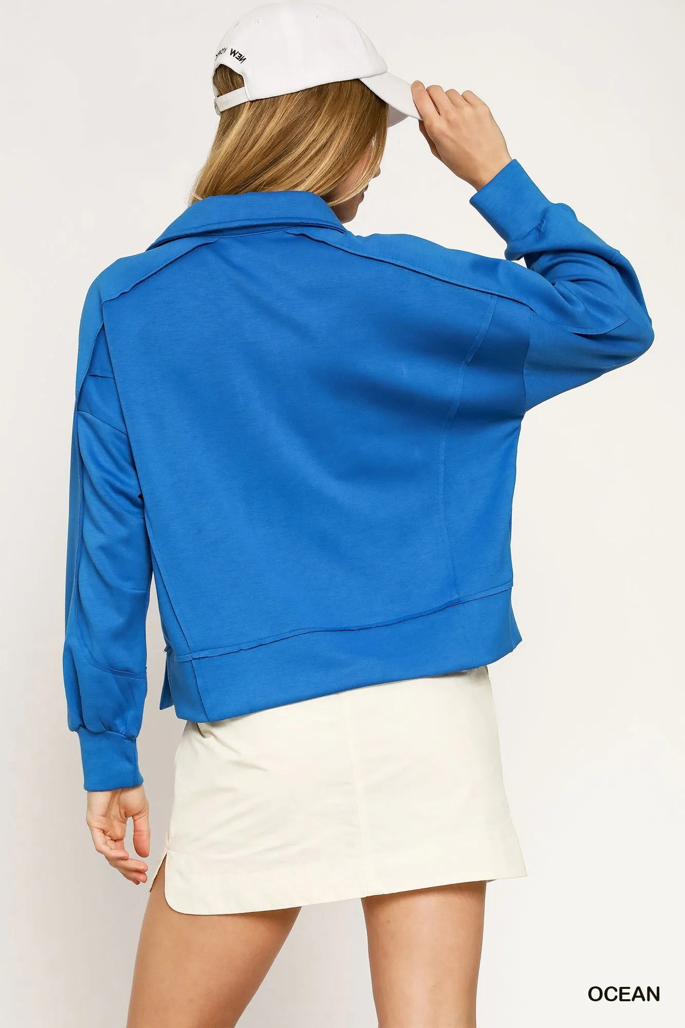 Umgee Collared Neck Long Sleeve Top with Raw Hem Detail OutfitFlow