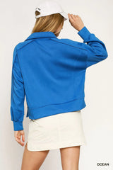Umgee Collared Neck Long Sleeve Top with Raw Hem Detail OutfitFlow