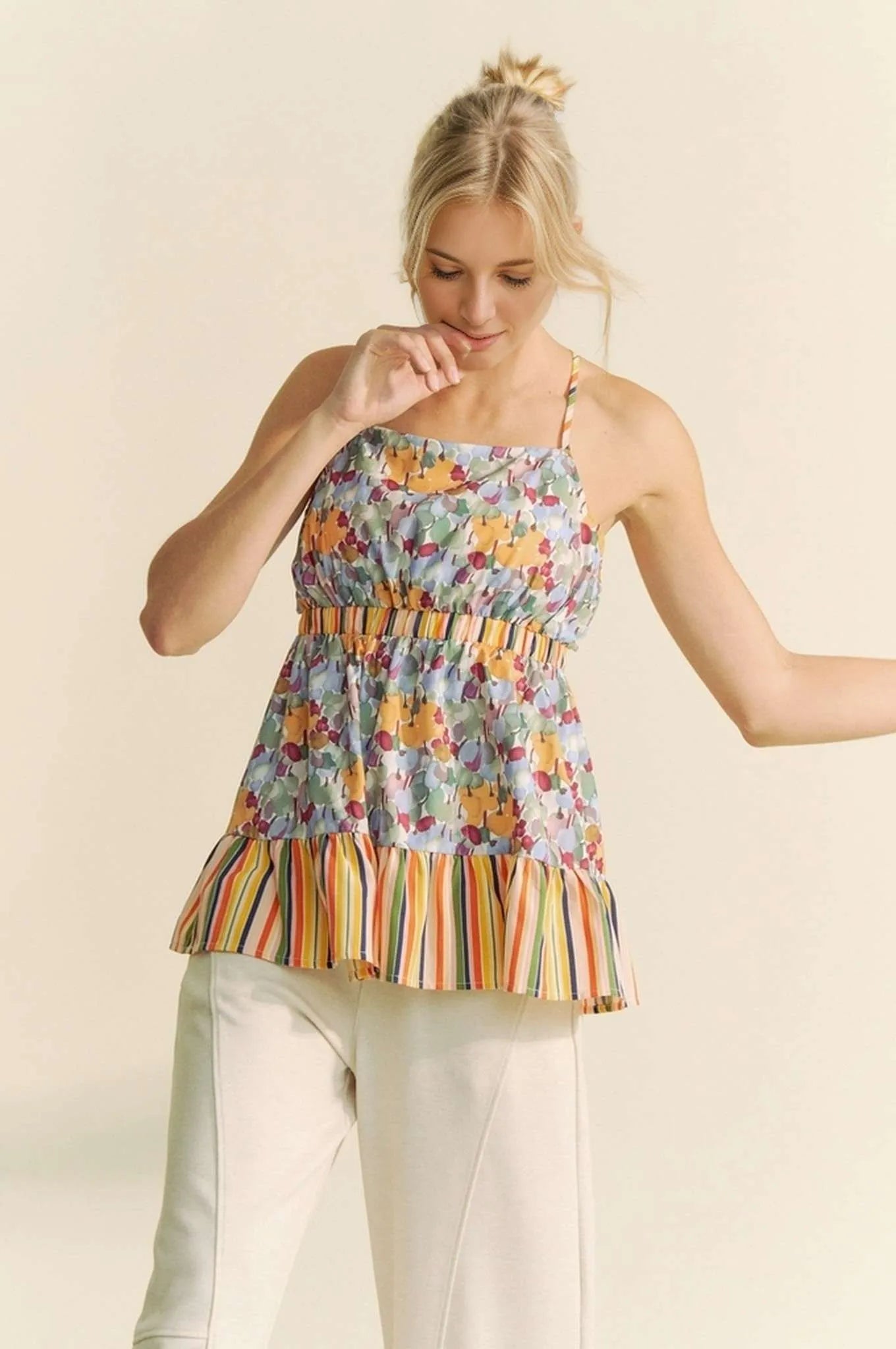 Davi & Dani Floral Smocked Sleeveless Ruffle Back Tie Top SAGE OutfitFlow