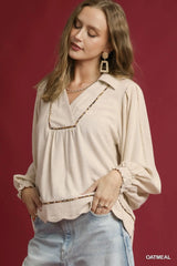 Umgee Full Size Linen Scallop Hem Blouse with Contrast Trim Plus Size Trendsi