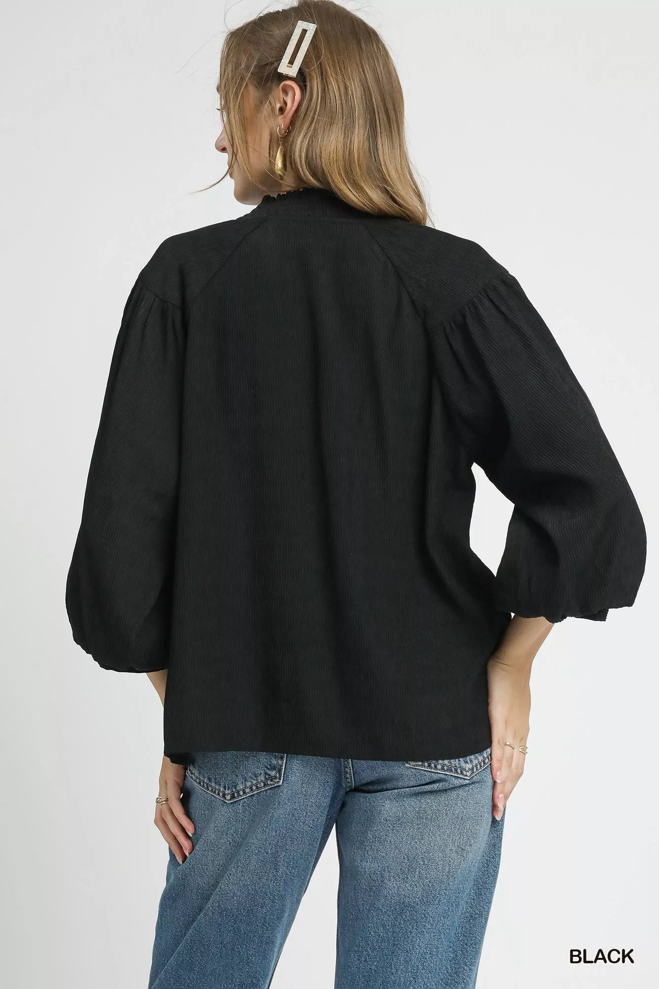 Umgee Textured V-Neck Blouse with Balloon Sleeves OutfitFlow
