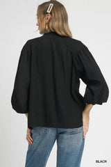 Umgee Textured V-Neck Blouse with Balloon Sleeves OutfitFlow
