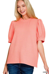 Zenana Raised Rib Puff Sleeve Top CORAL OutfitFlow