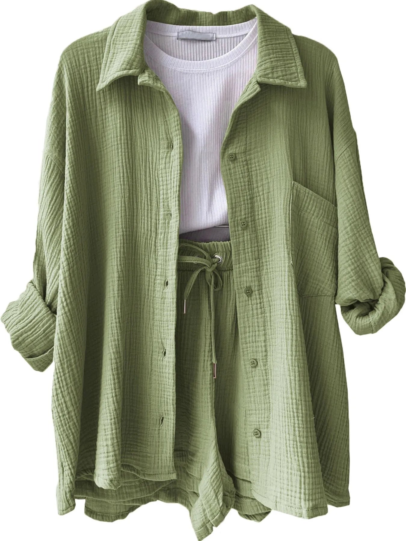 Textured Button Up Shirt and Shorts Set Light Green OutfitFlow