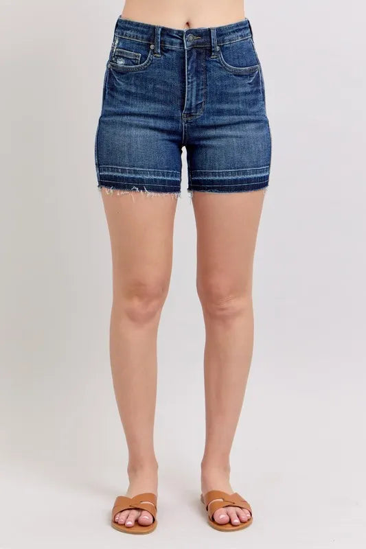 Judy Blue Full Size High Waist Tummy Control Destroy Release Hem Denim Shorts Plus Size OutfitFlow